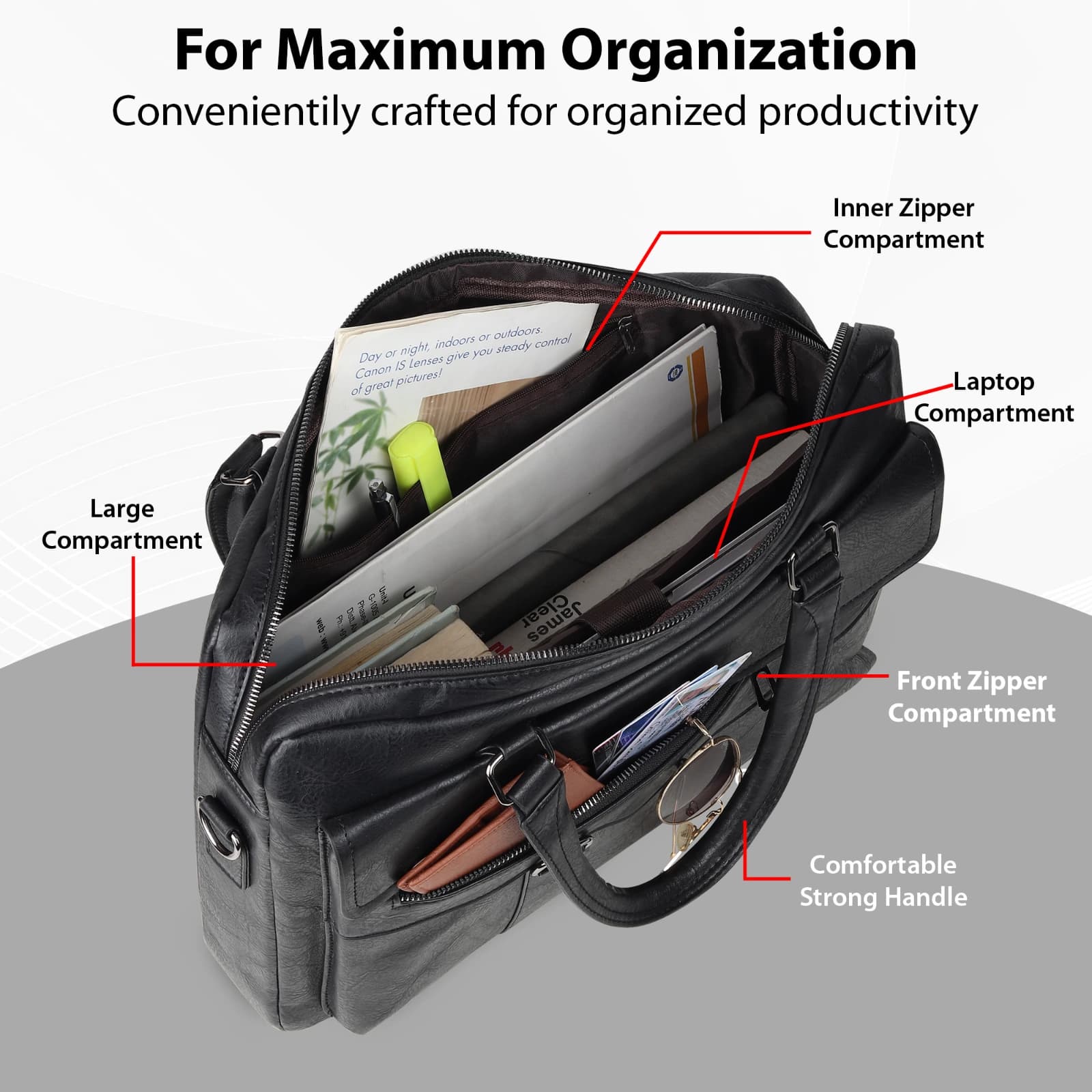 Highlark Executive Leather Laptop Messenger Bag with Flap Pocket & Shoulder Strap – Jet Black 6