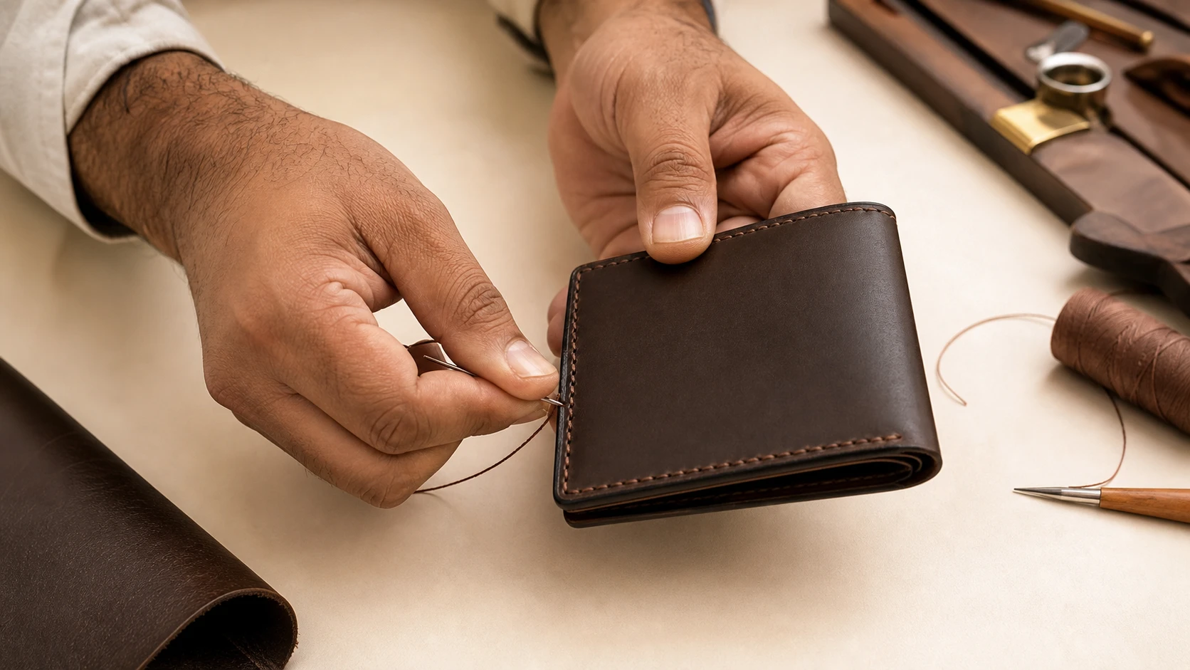 Highlark artisan hand-stitching a leather wallet
